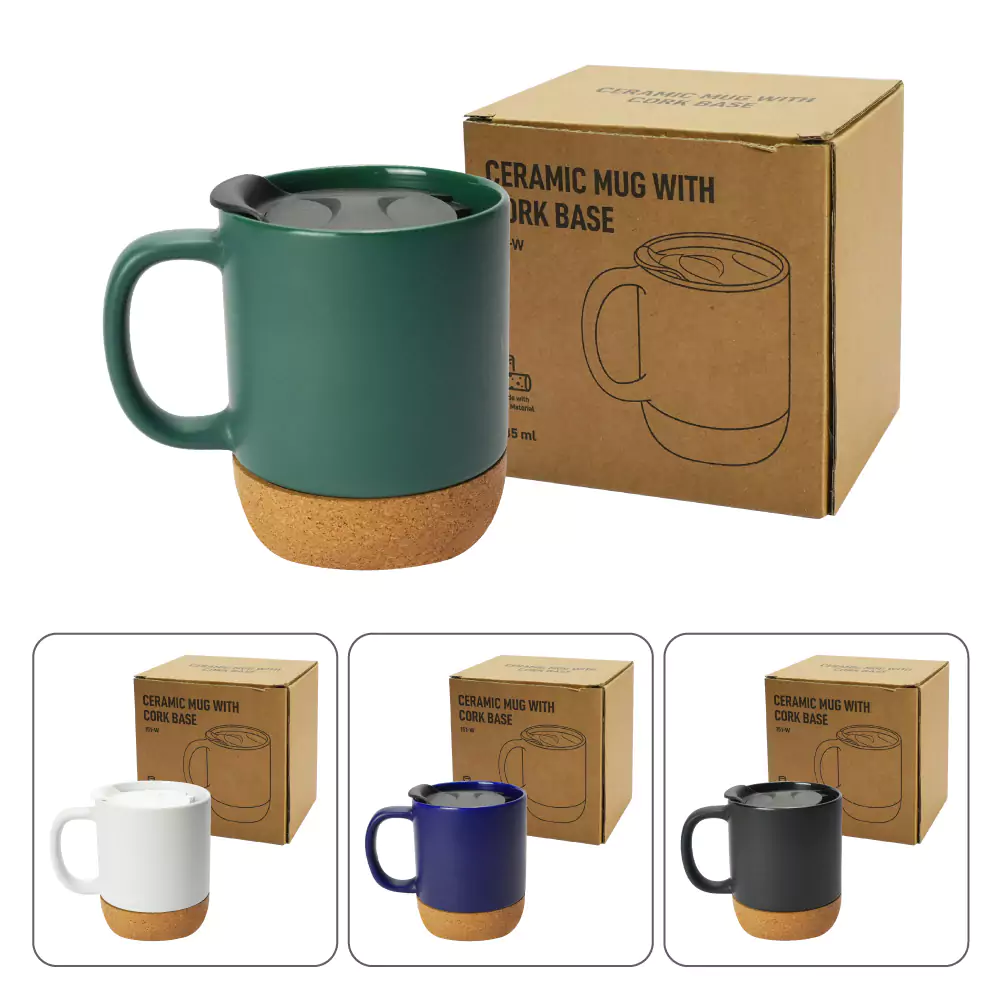 Ceramic Mugs with Lid and Cork Base 385 ml