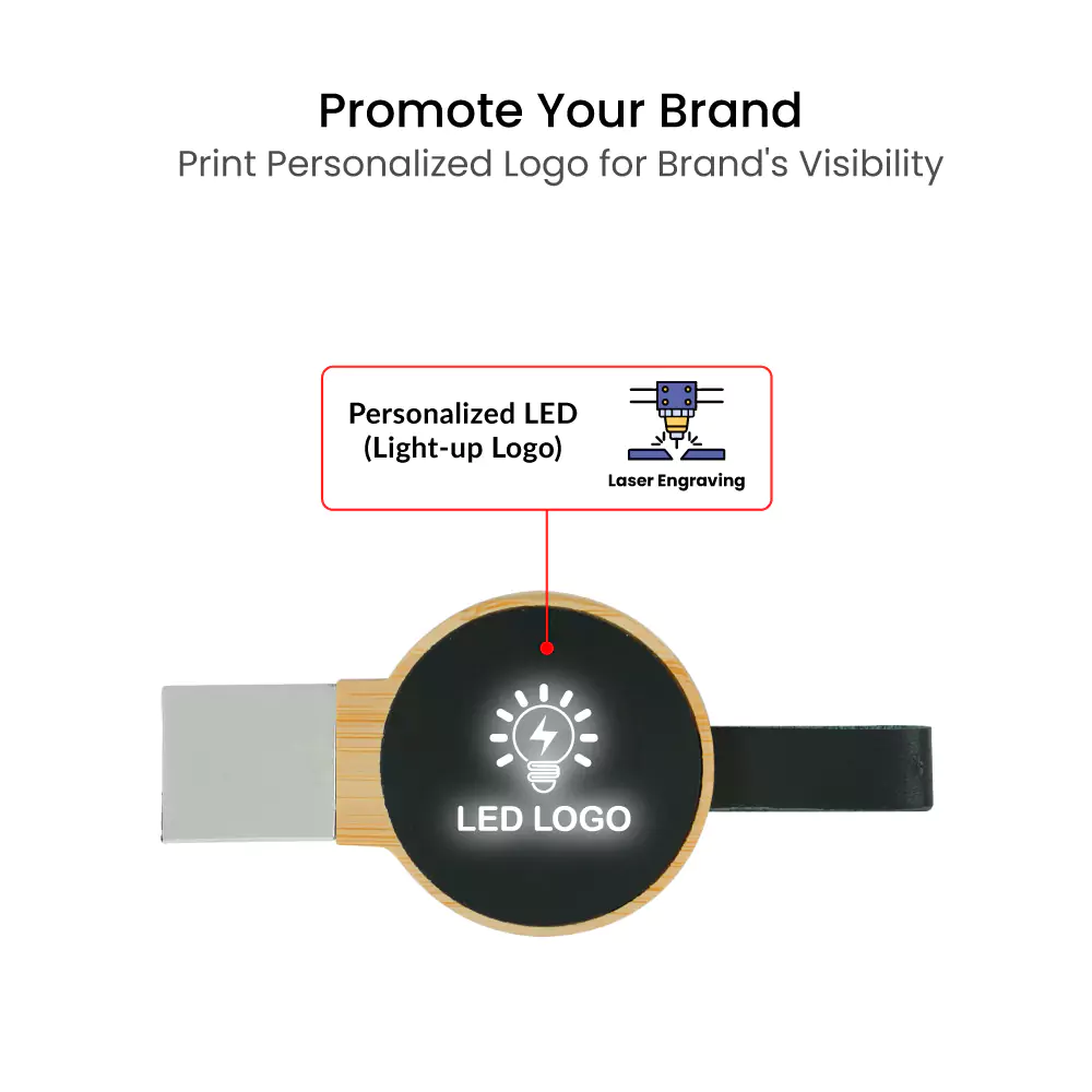 Bamboo Round LED Logo USB with Strap 64GB V. 3.0
