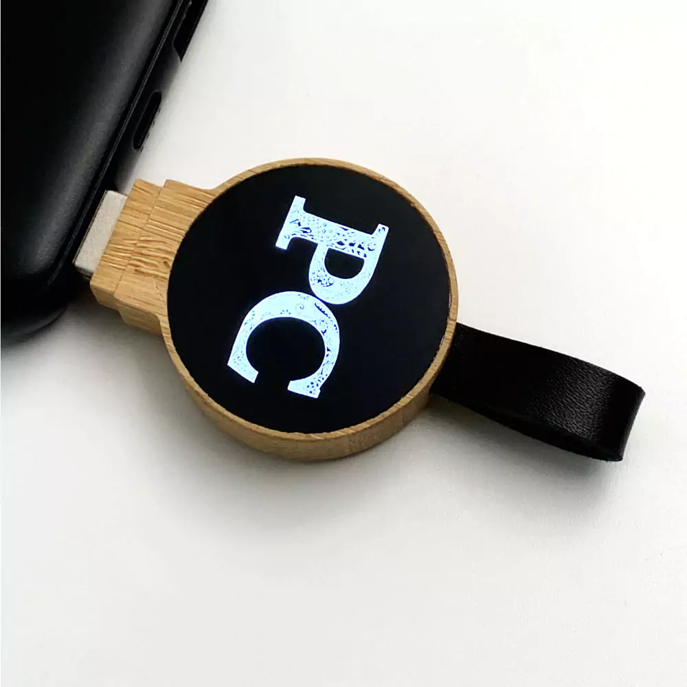 Bamboo Round LED Logo USB with Strap 64GB V. 3.0