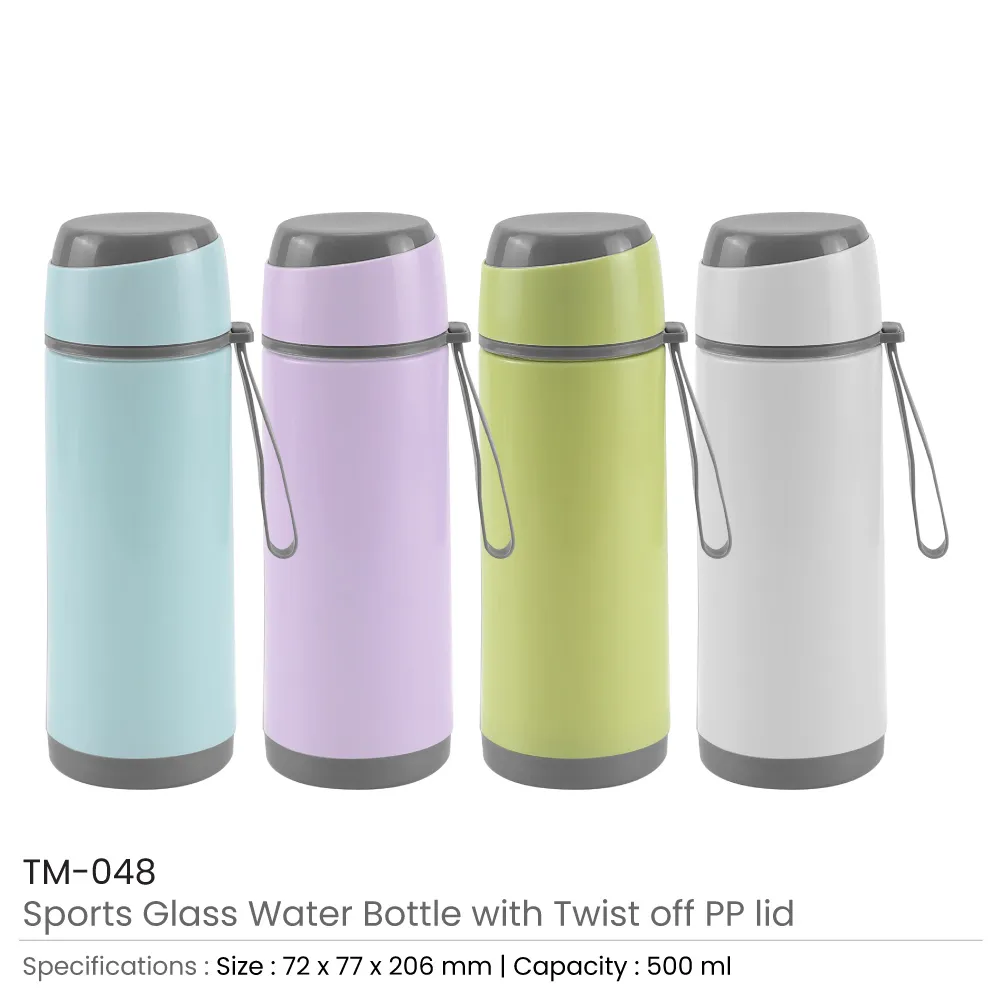 Sports Glass Bottles 500ml Twist off Lid and Carry Handle