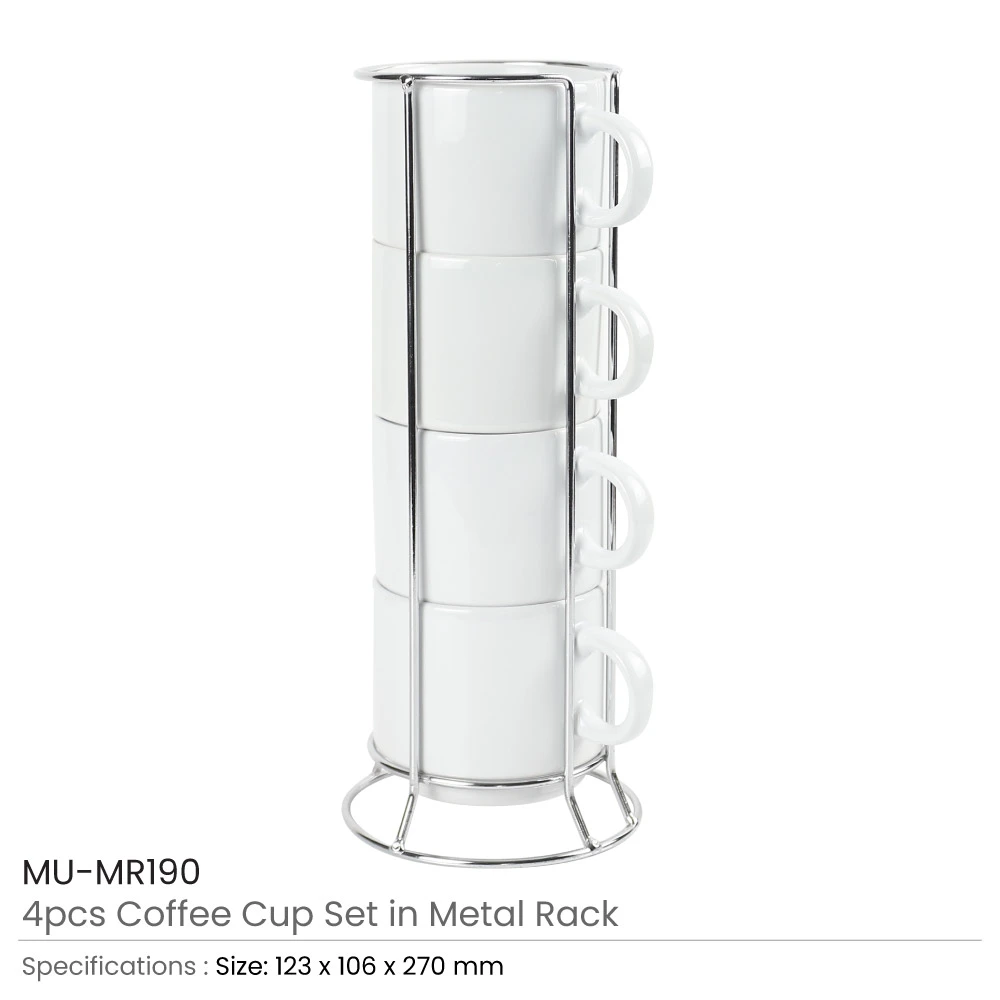 Ceramic Coffee Cups Set 4Pcs in Silver Metal Rack