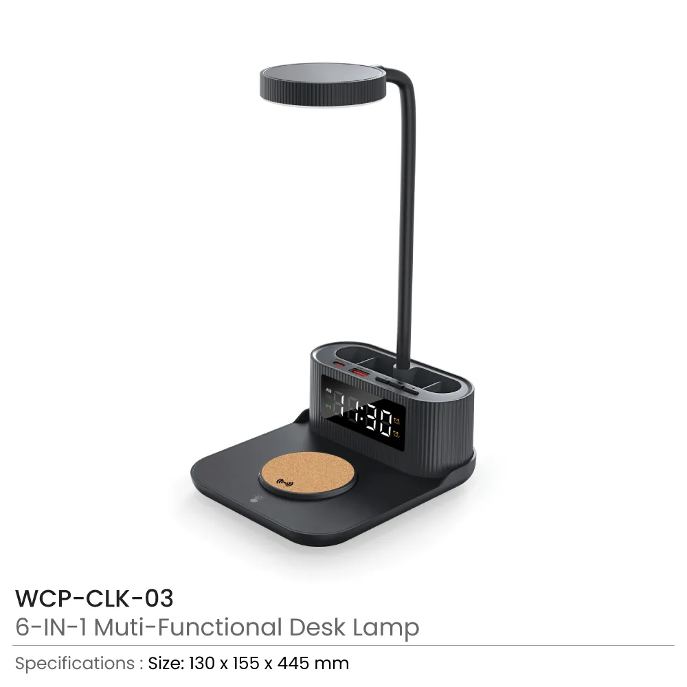 Desk Lamp with 15W Wireless Charger, Clock and Pen Holder