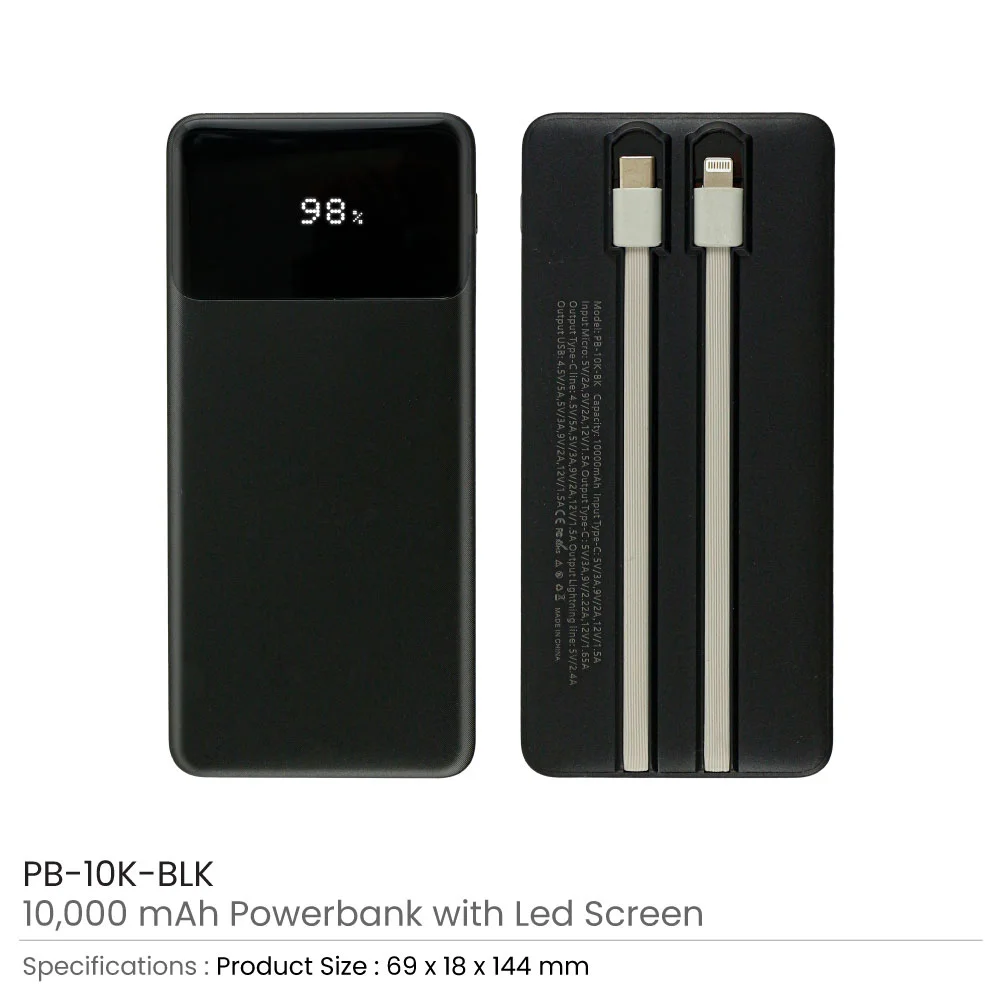 Powerbank with LED Screen 10,000 mAh & Built-in Cables