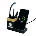 Bamboo Pen Holder with 15W Wireless Charger &amp; LED Logo