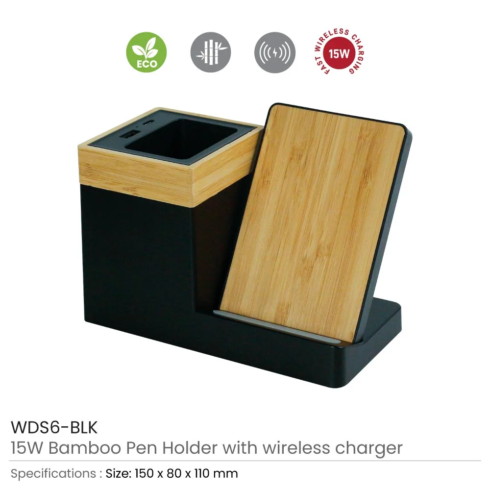 Bamboo Pen Holder with 15W Wireless Charger &amp; LED Logo