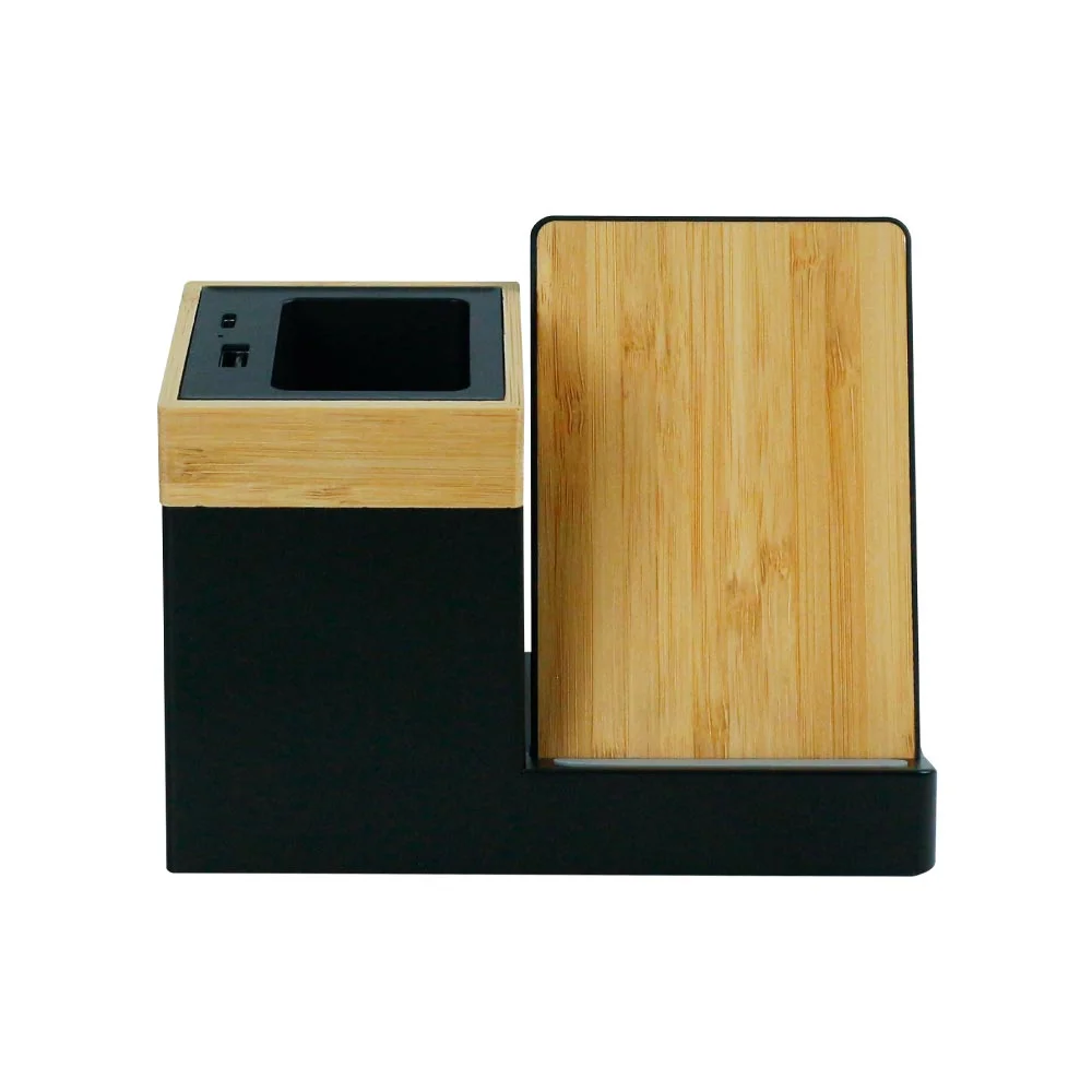 Bamboo Pen Holder with 15W Wireless Charger &amp; LED Logo