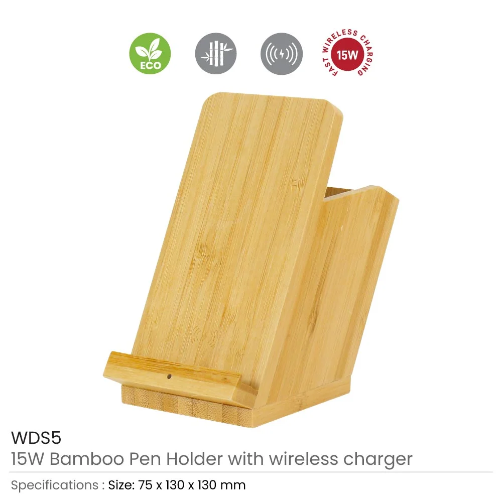 Bamboo Pen Holder with 15W Fast Wireless Charger