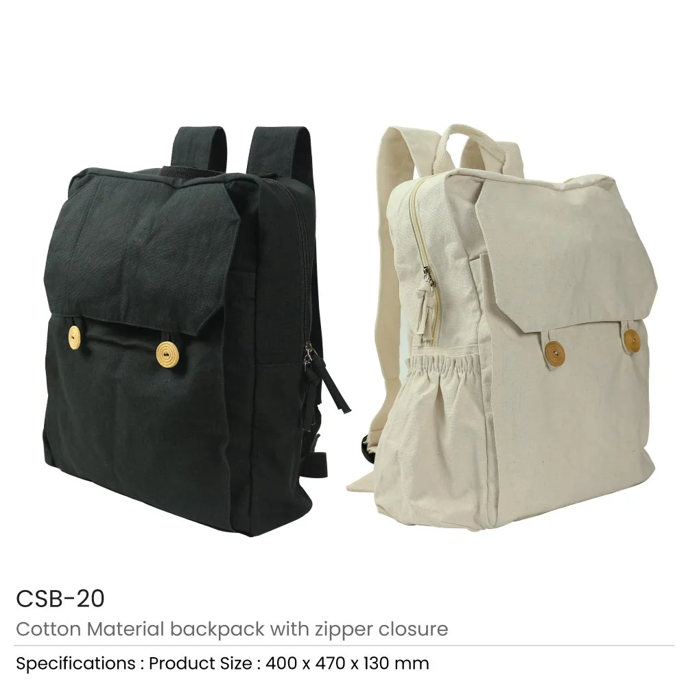 Black Cotton Backpack with Zipper Closure