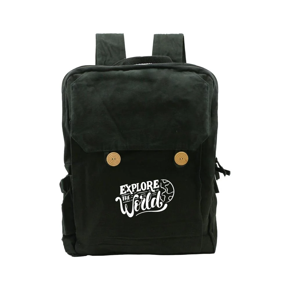 Black Cotton Backpack with Zipper Closure