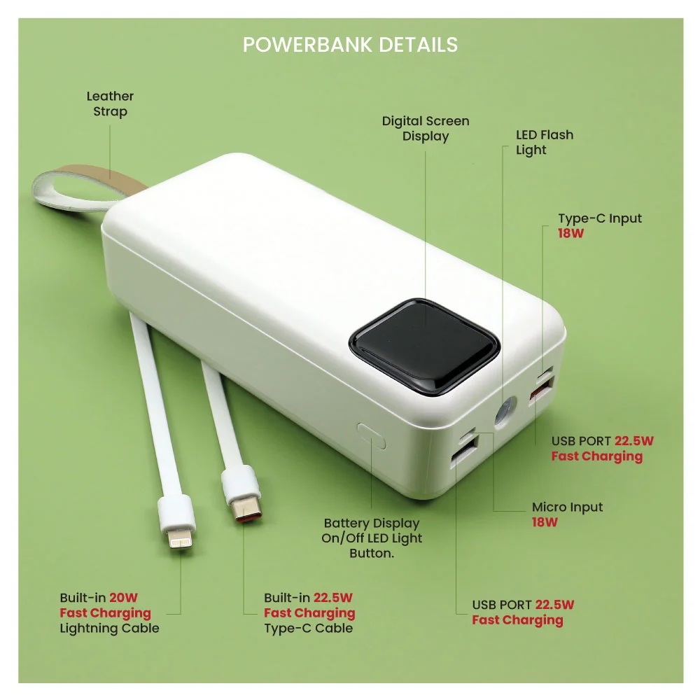 Fast Charging Powerbank 30,000 mAh with Flashlight & Leather Strap
