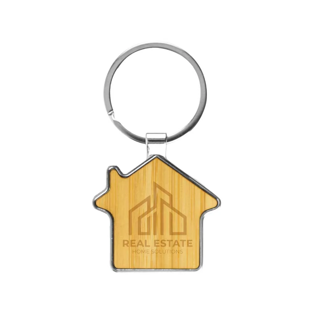 Bamboo & Metal Keychain House Shaped