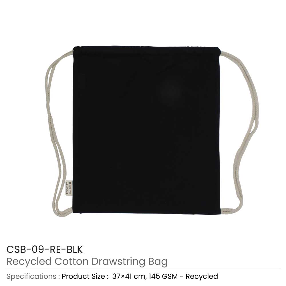 29677 - Recycled-Cotton-Drawstring-Bags-Black-CSB-09-RE-BLK
