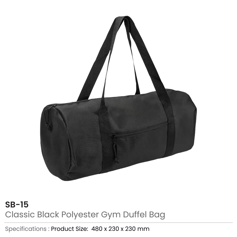 Duffle Gym Bags in Black with Zipper Closure