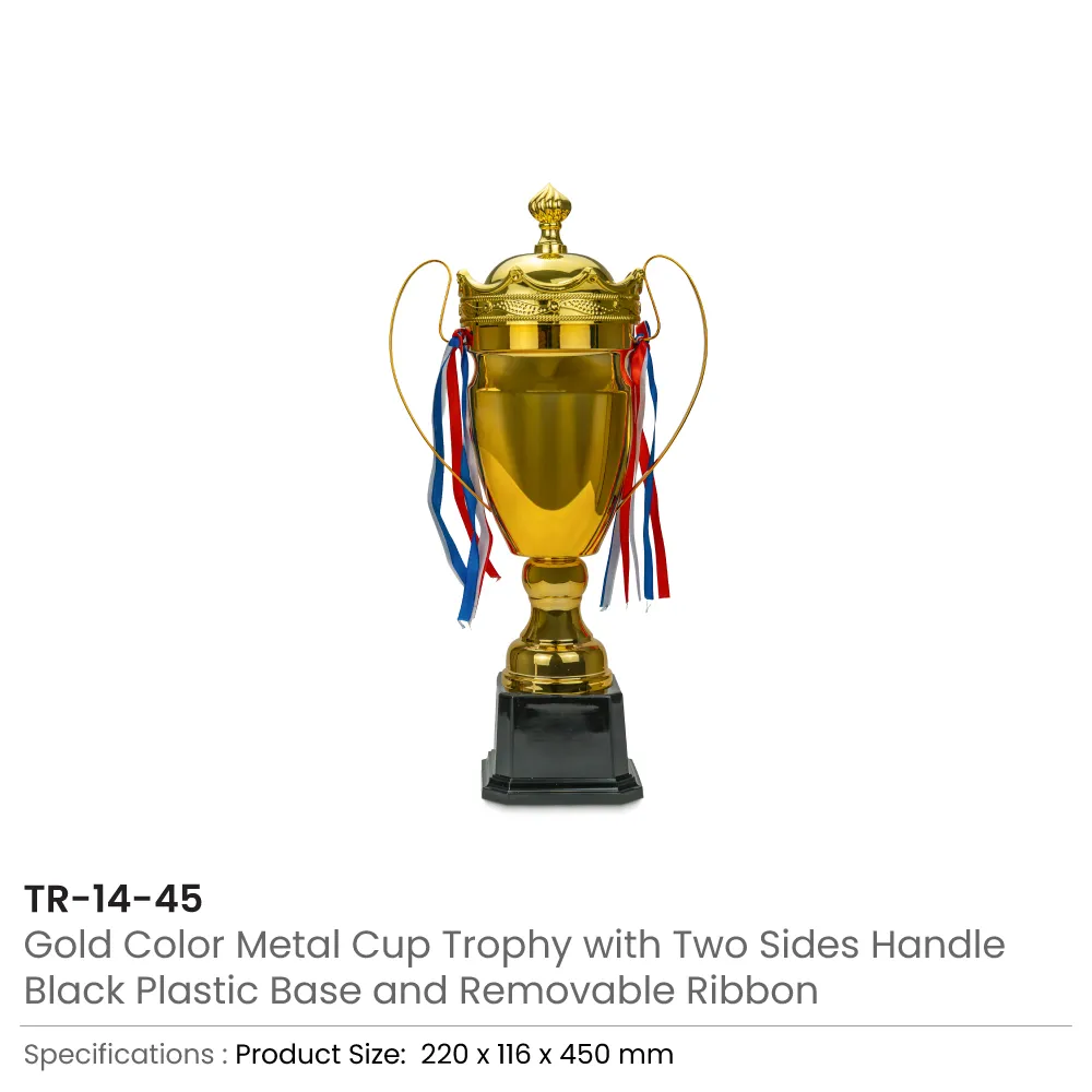 Metal Close Cup Trophies with Two-Sided Handle & Attached Ribbons