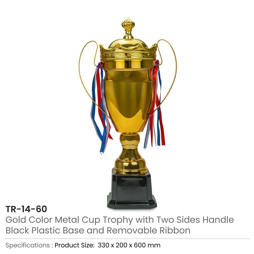 Metal Close Cup Trophies with Two-Sided Handle & Attached Ribbons