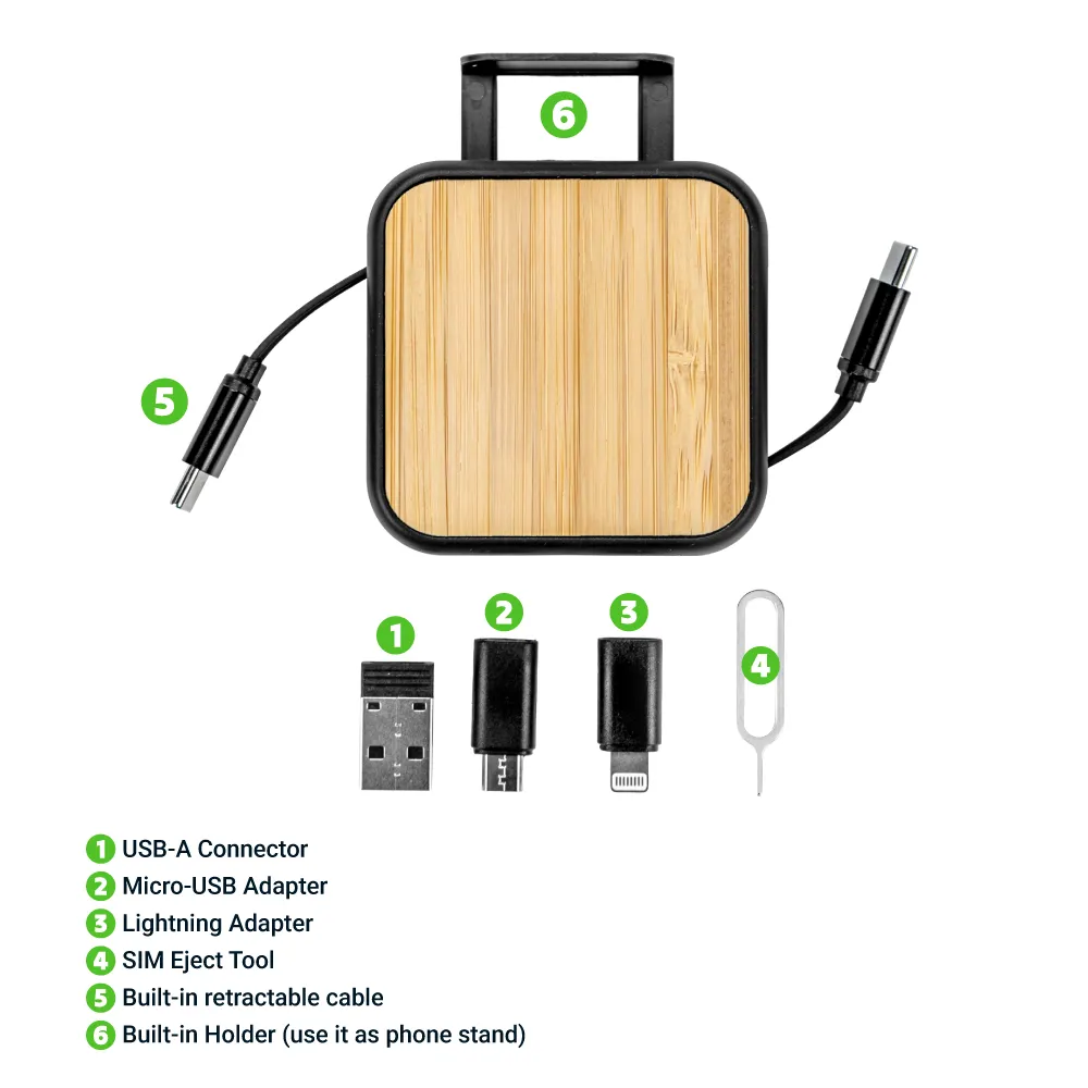 Retractable Charging Cable Set with Bamboo Top – 60W Fast Charging
