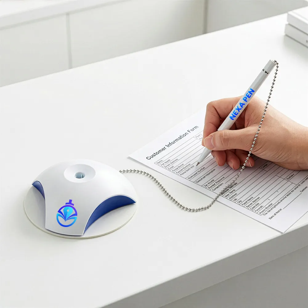 Counter Pen with Base Holder and Secured Chain – Blue Ink