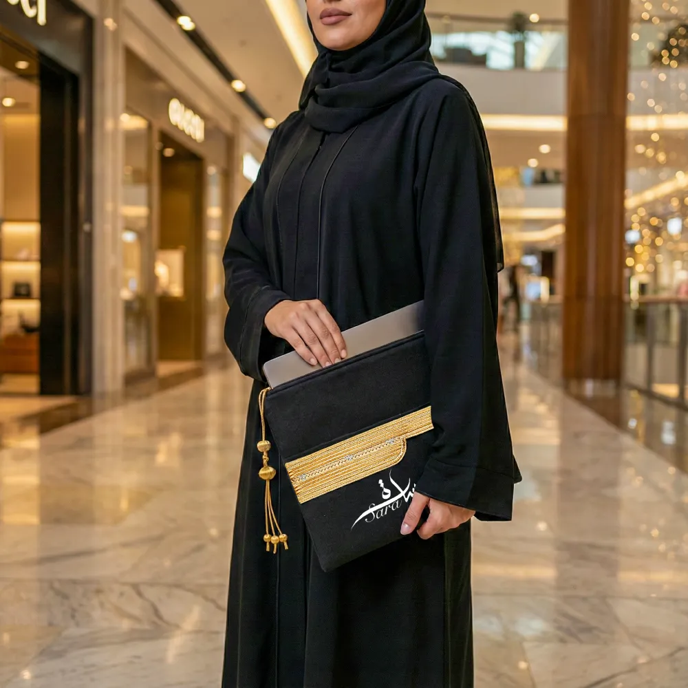 Laptop Sleeve Zipper Pouch with Tassel and Arabic Bisht Design Embroidery