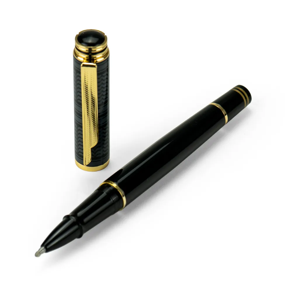 Arabic Traditional Bisht Design Metal Pens, Glossy Black with Gold Outline