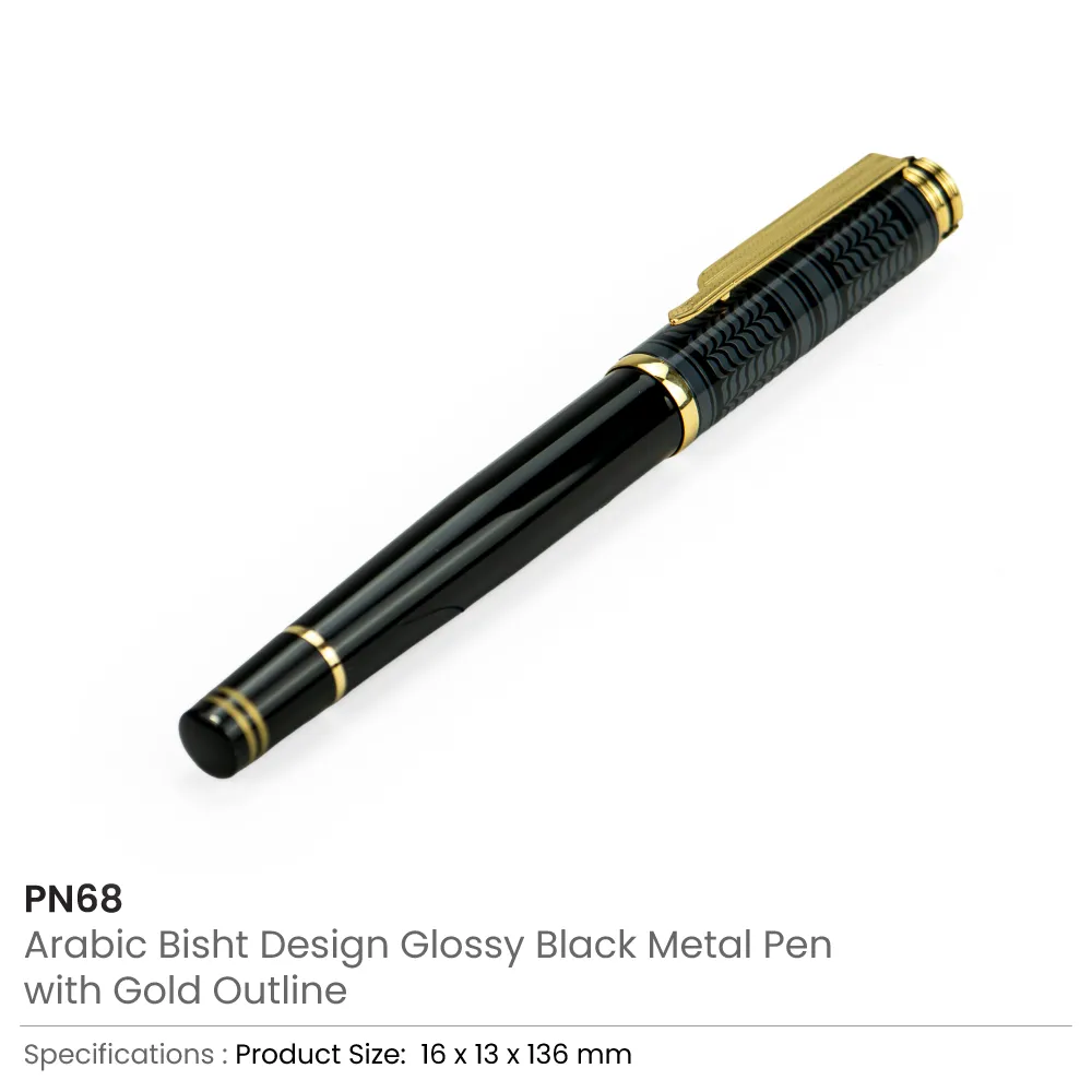 Arabic Traditional Bisht Design Metal Pens, Glossy Black with Gold Outline