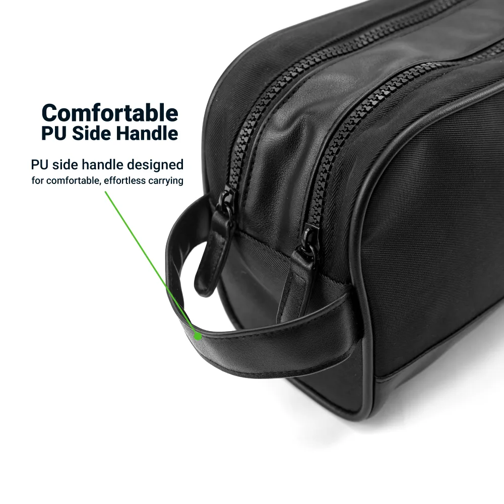 Twill Fabric Utility Pouch with PU Handle and 2 Main Zipper Compartments