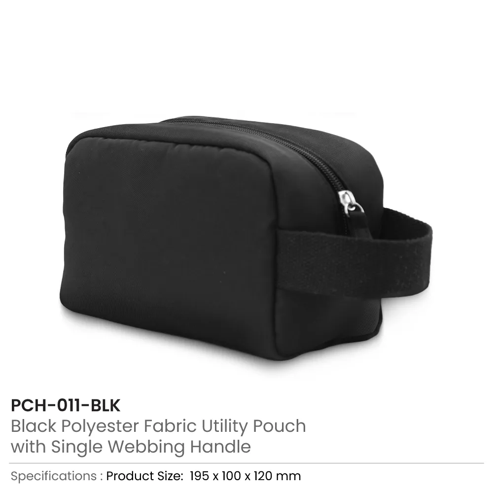 Multipurpose Utility Pouch in Black Polyester Fabric with Zipper and Webbing Handle