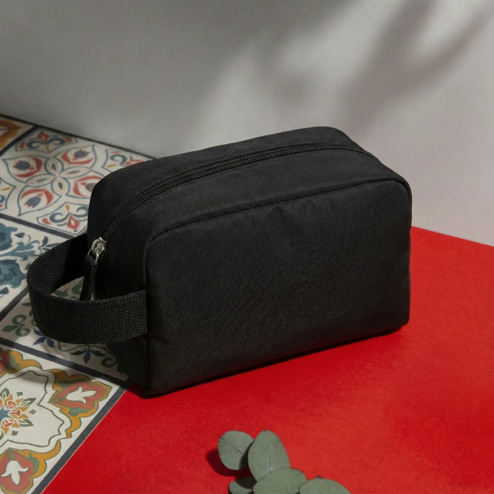 Multipurpose Utility Pouch in Black Polyester Fabric with Zipper and Webbing Handle