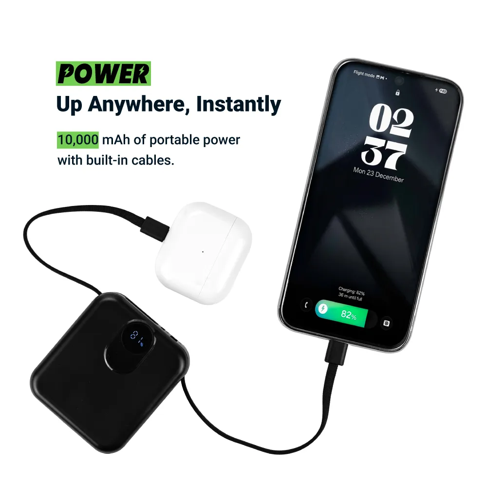 Fast Charging Digital Powerbank 38.5Wh with Built-in Type-C and Lightning Cable, 10000 mAh