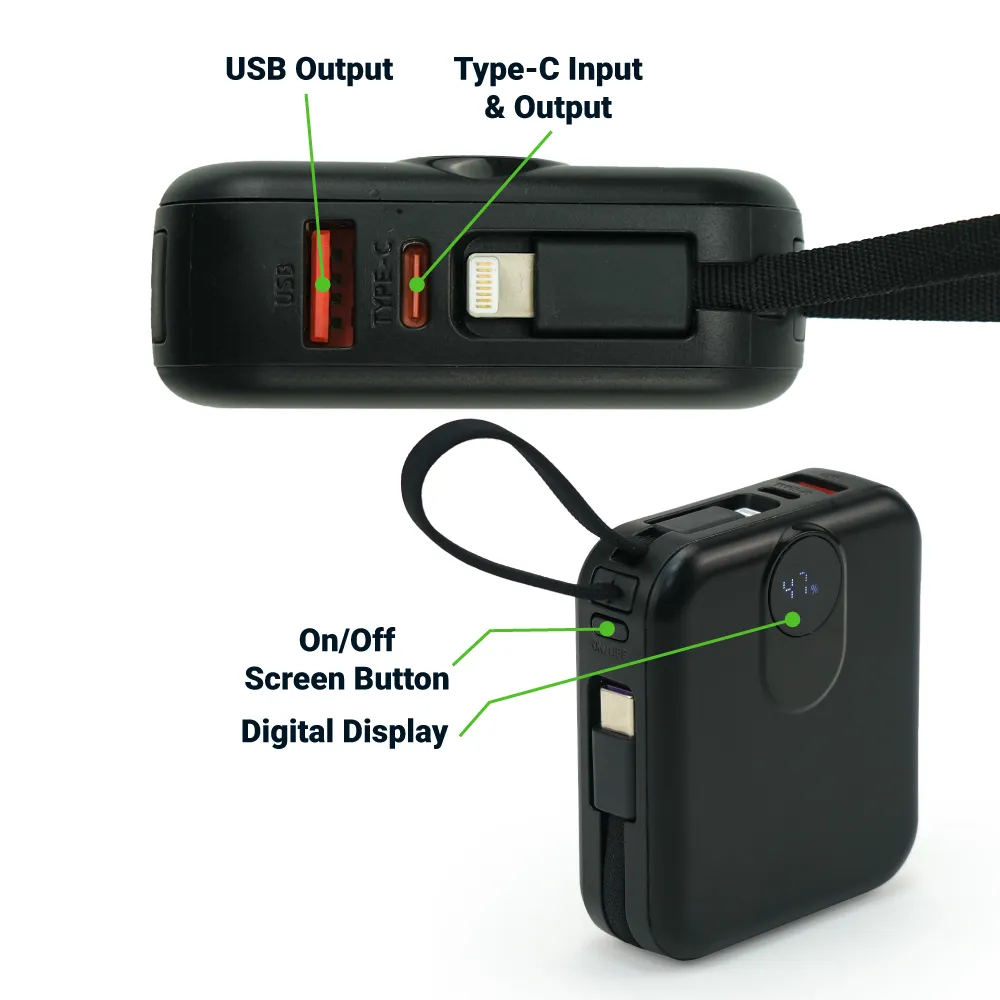 Fast Charging Digital Powerbank 38.5Wh with Built-in Type-C and Lightning Cable, 10000 mAh