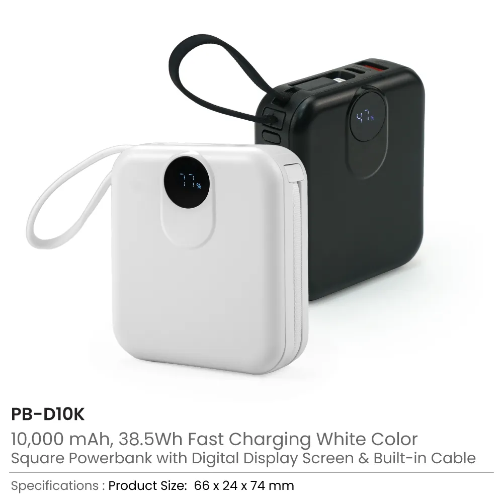 Fast Charging Digital Powerbank 38.5Wh with Built-in Type-C and Lightning Cable, 10000 mAh