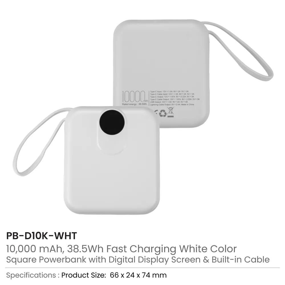 Fast Charging Digital Powerbank 38.5Wh with Built-in Type-C and Lightning Cable, 10000 mAh