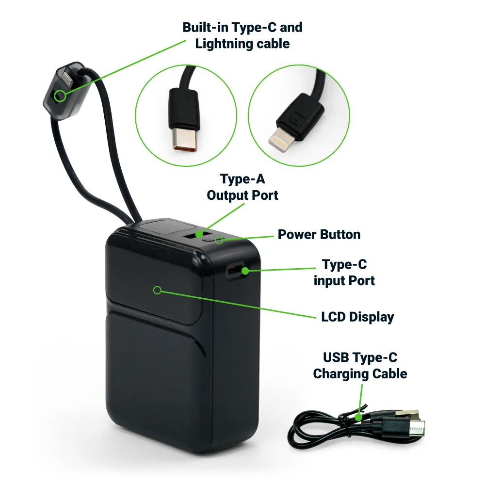 Powerbank with Built-in Type-C & Lightning Cables, 20,000mAh, 45W Fast Charging