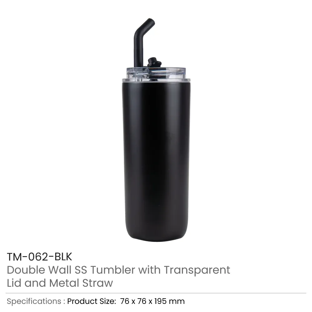 Double Wall SS Tumblers with Transparent Lid and Metal Straw - 500ml