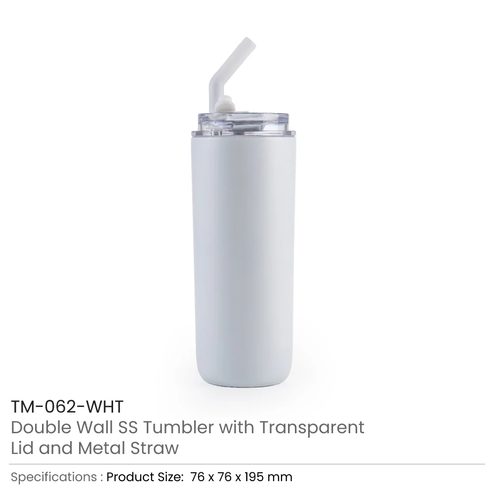 Double Wall SS Tumblers with Transparent Lid and Metal Straw - 500ml