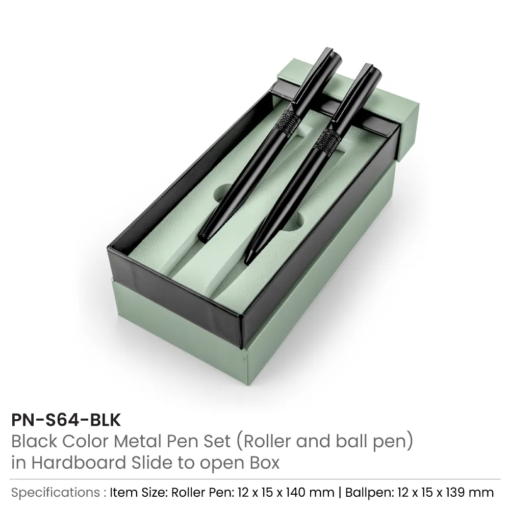 Black Metal Pen Set with Matte Finish in Hardboard Slide to Open Box