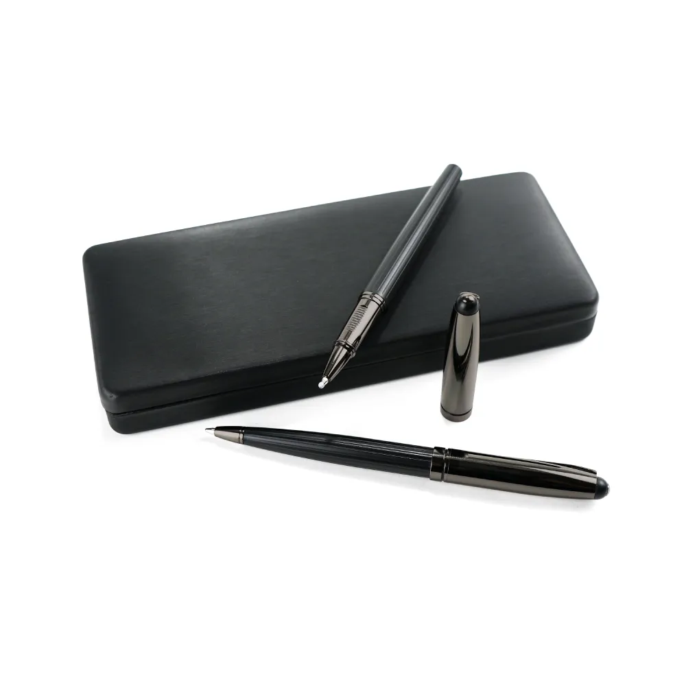 Black Metal Pen Set with Matte & Glossy Finish in PU Leather Box