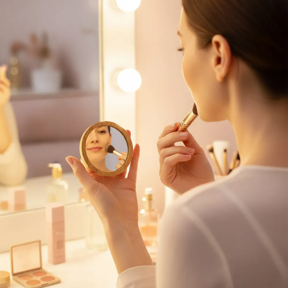 Bamboo Pocket Mirrors in Round-shaped, Lightweight & Portable