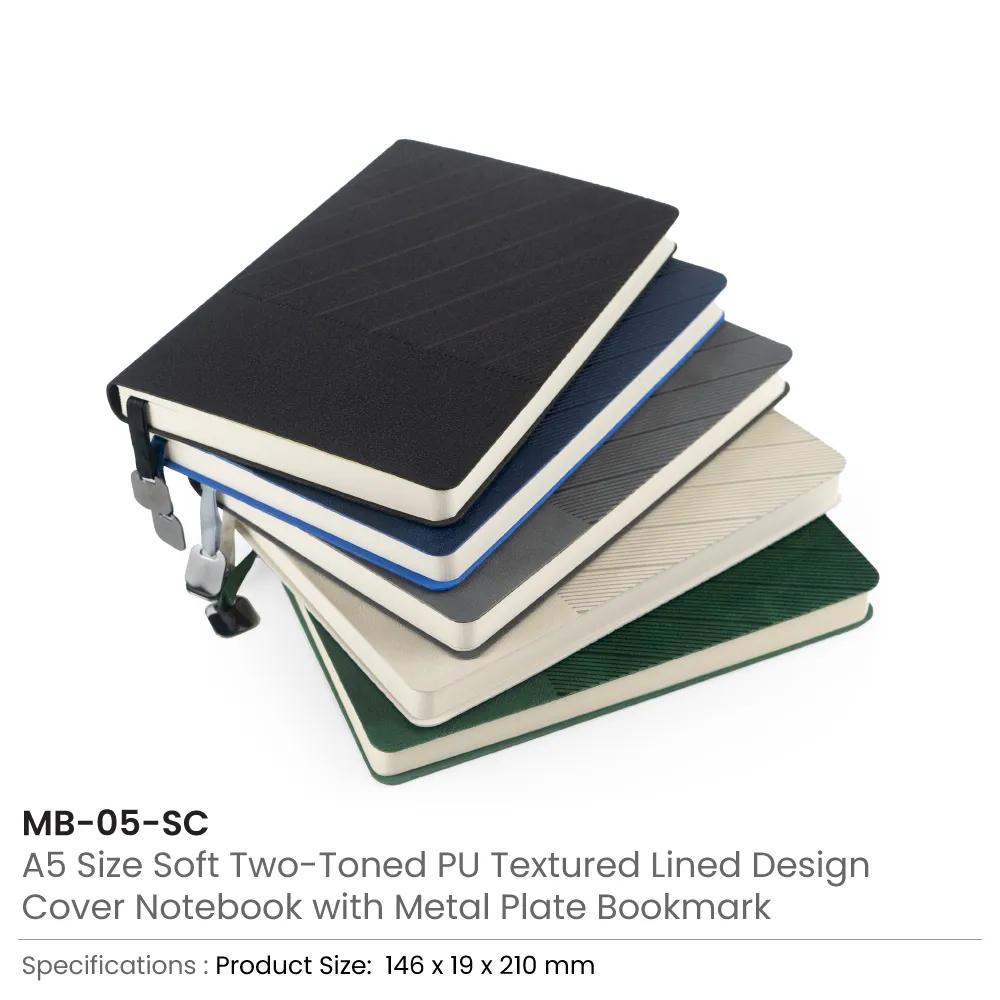 Soft PU Cover Notebooks in A5 Size with Metal Plate Bookmark