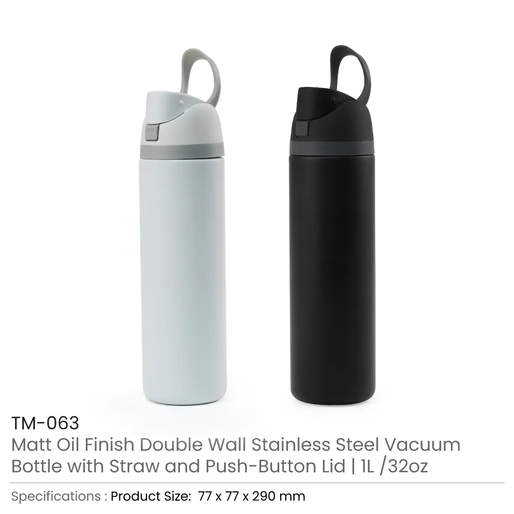 SS Bottles with Straw & Push Button Lid - Double-Wall Vacuum, 1Liter