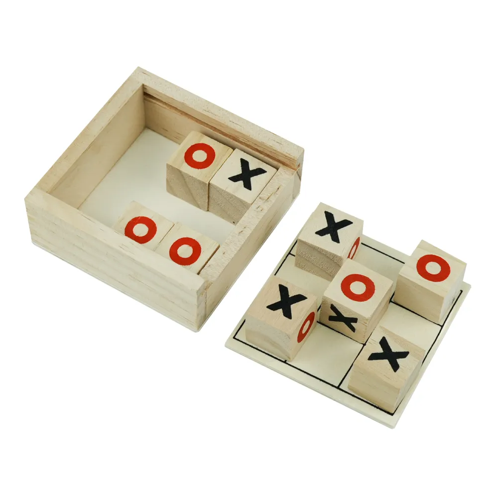 Tic-Tac-Toe Wooden Board Game with Slide Storage Box – 9 Wooden Cubes