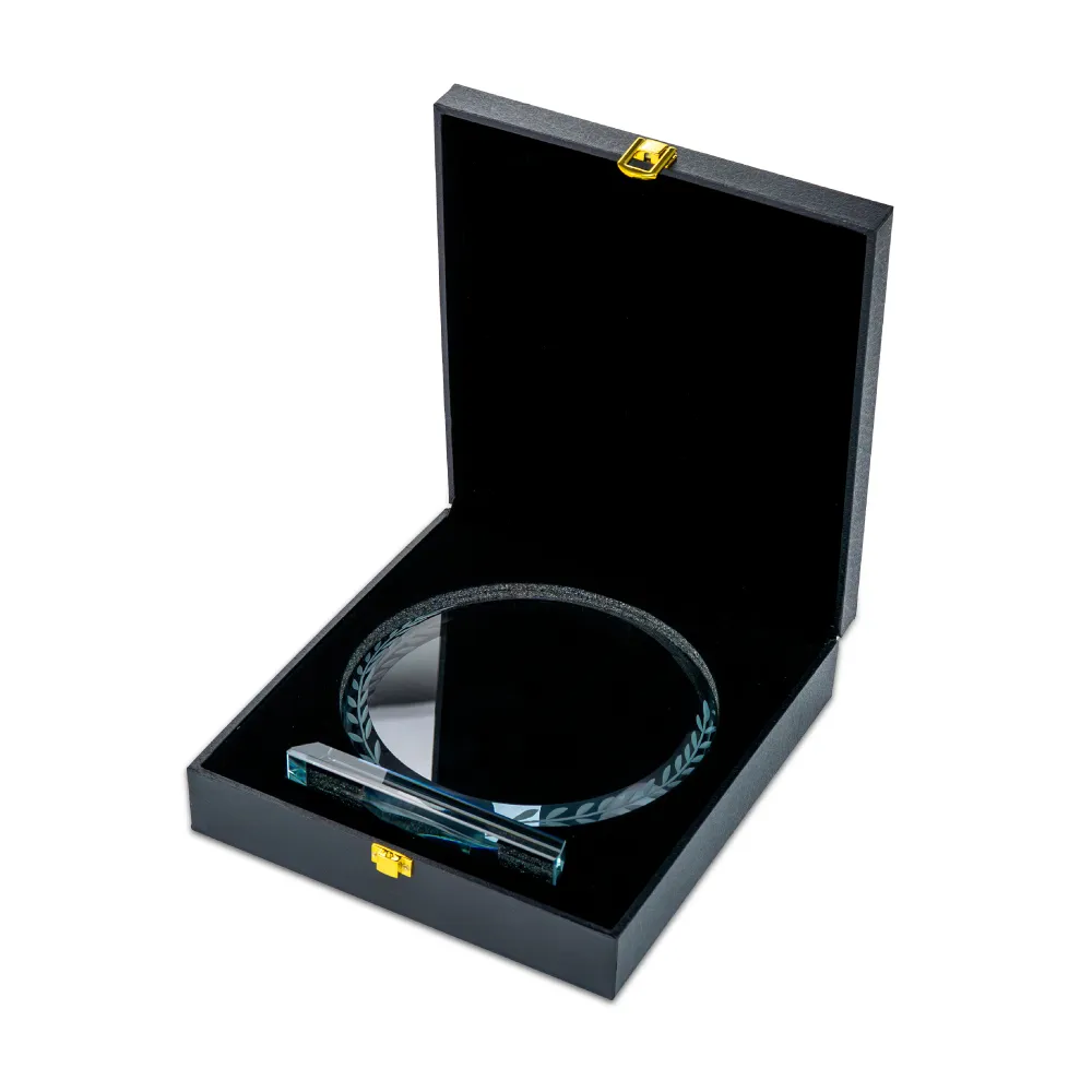 Round Clear Crystal Award with Engraved Leaves