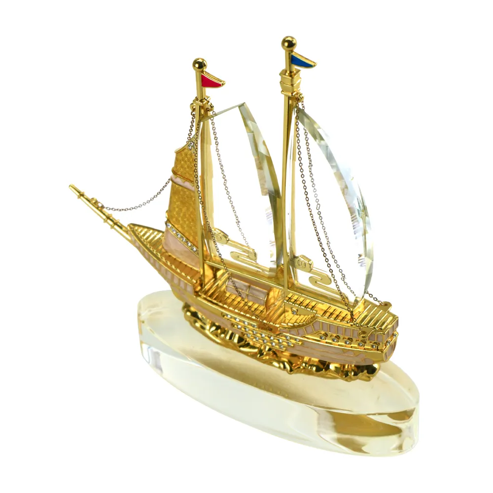 Golden Boat-Shaped Memento in Metal with Glass Base