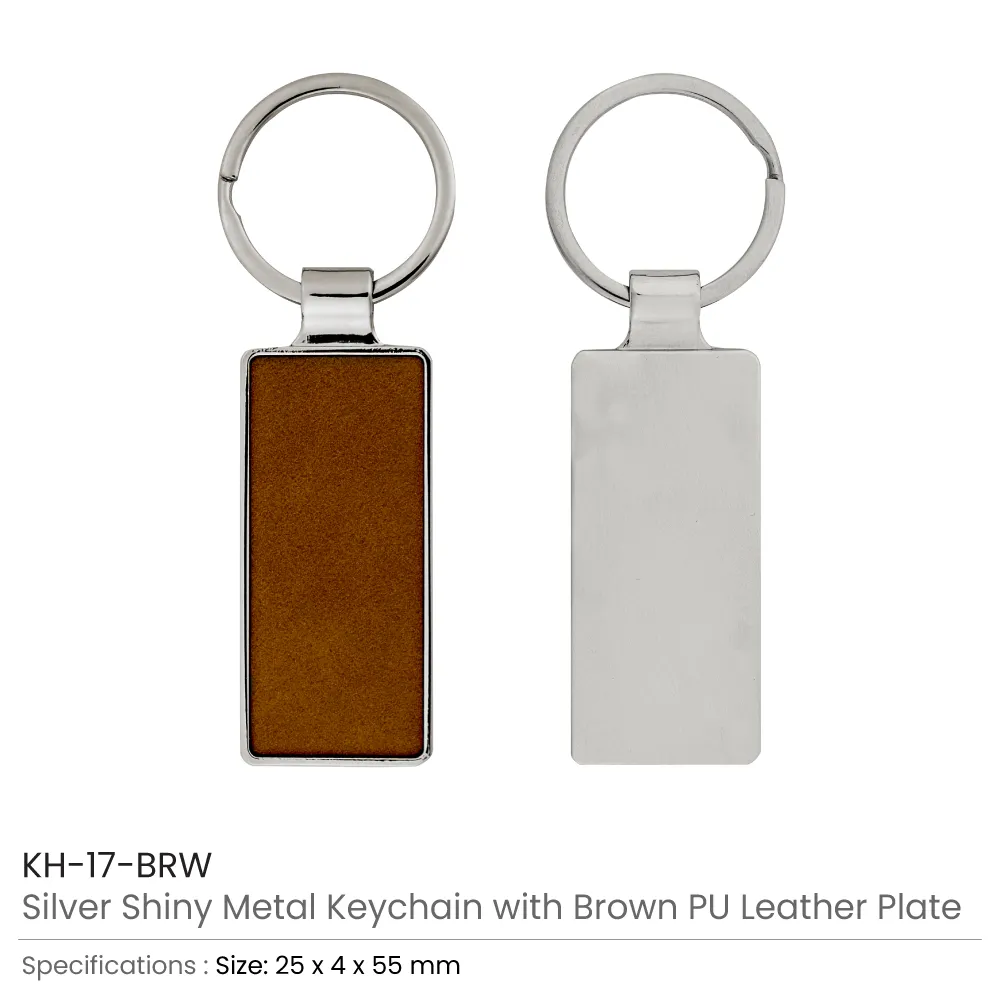 Silver Shiny Metal Keychains with Laserable PU Leather Plate
