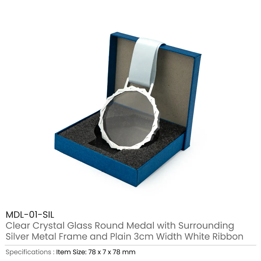 Glass Medals with Metal Frame and 3cm White Ribbon