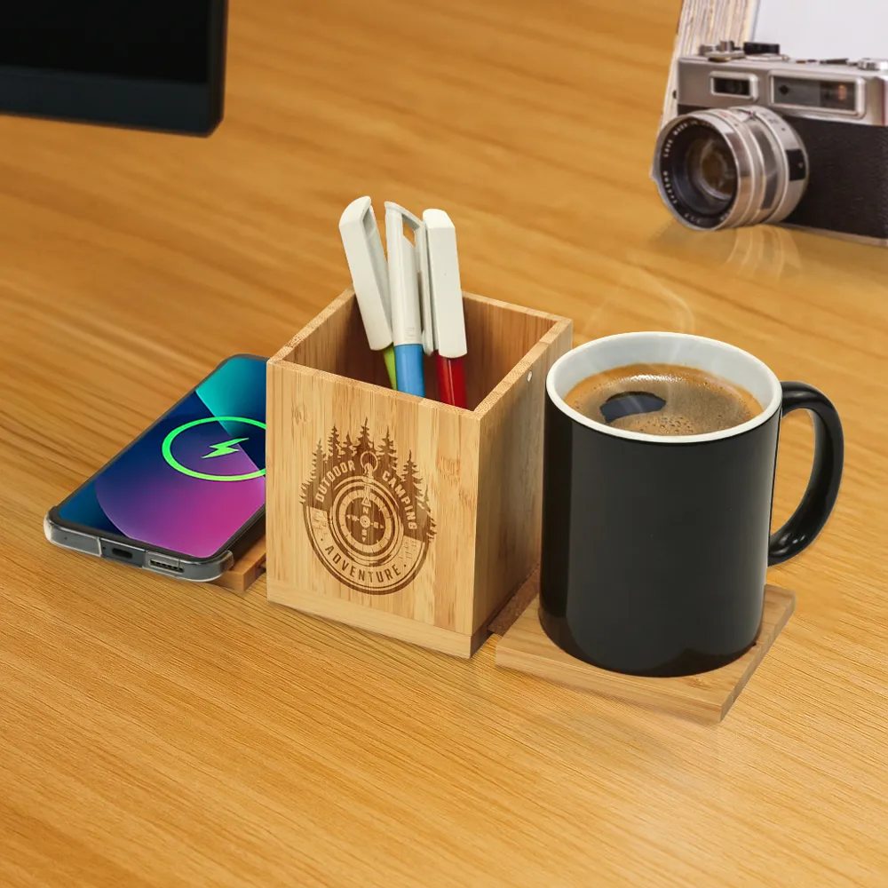 Foldable Bamboo Fast Wireless Charging Pad 15W with Mug Warmer and Pen Holder