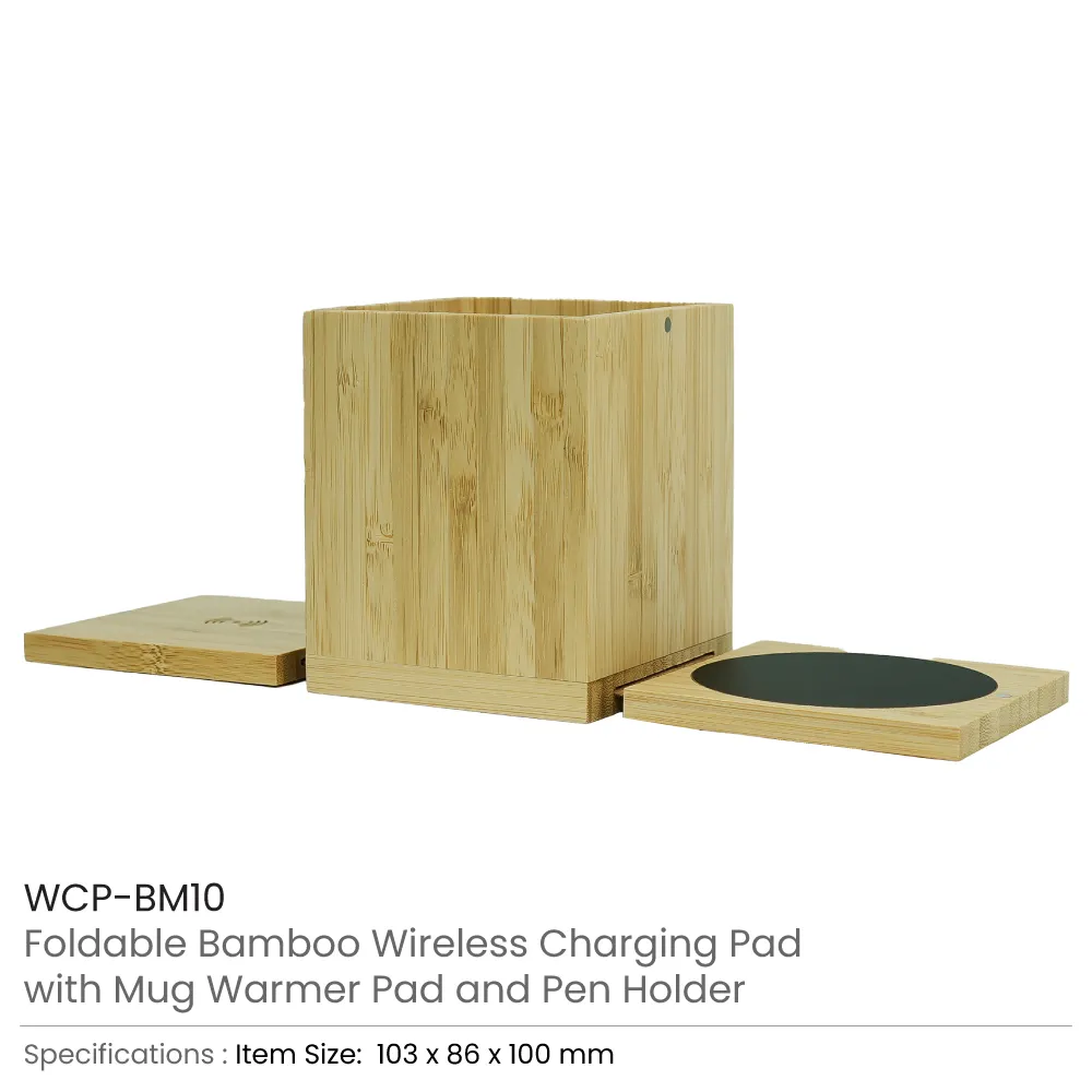 Foldable Bamboo Fast Wireless Charging Pad 15W with Mug Warmer and Pen Holder
