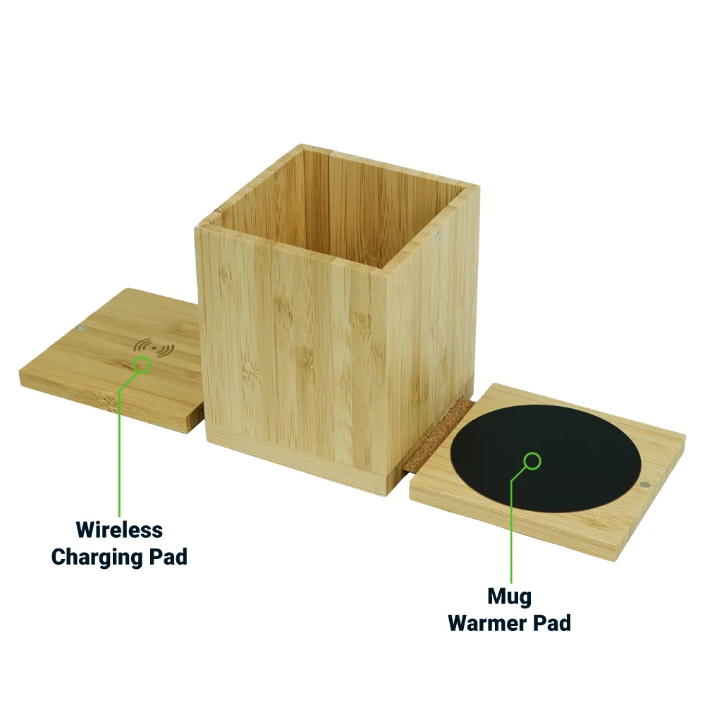 Foldable Bamboo Fast Wireless Charging Pad 15W with Mug Warmer and Pen Holder
