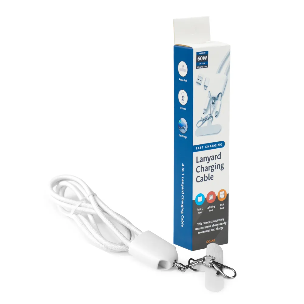 4 in 1 Lanyard Charging Cable 60W, 120cm Long with Hook for ID Card and Phone Pad