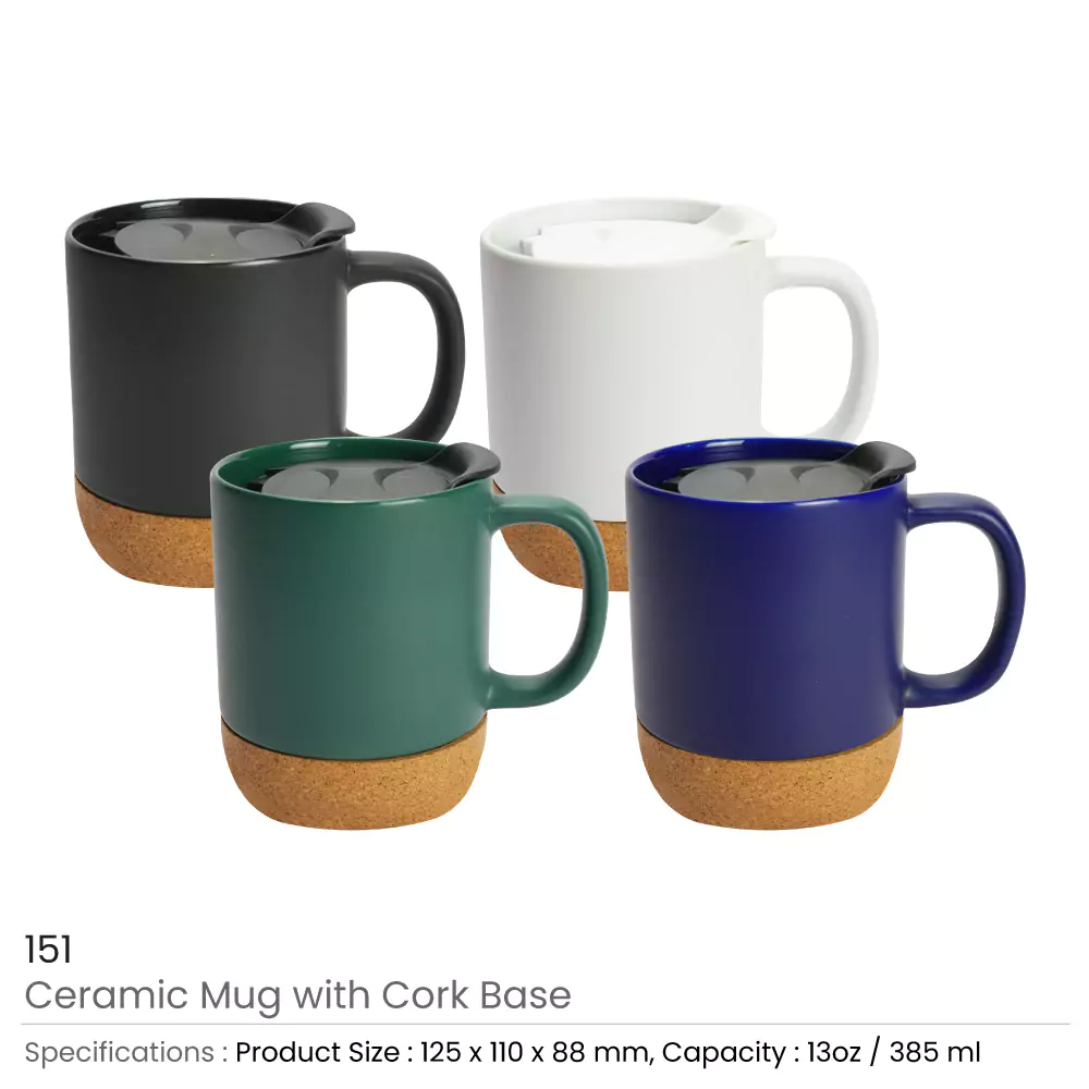 Ceramic Mugs with Lid and Cork Base 385 ml