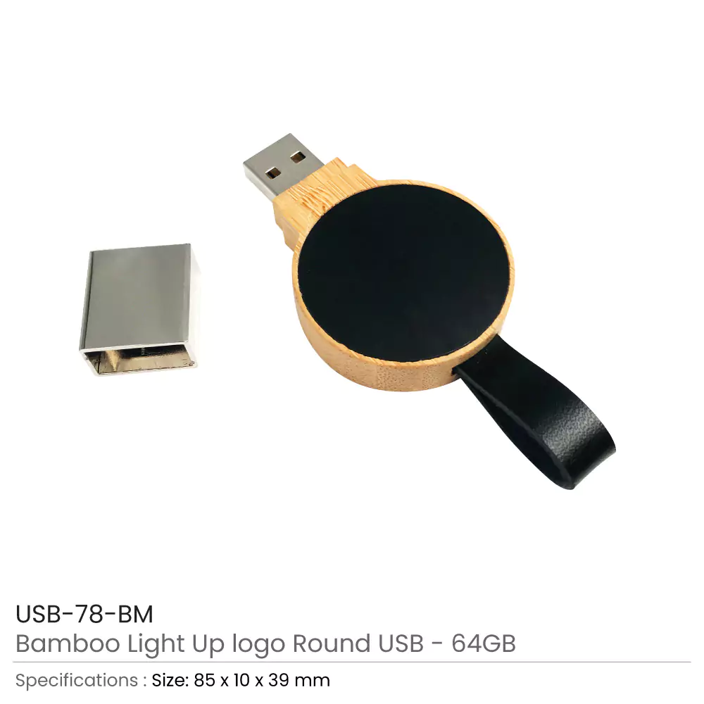 Bamboo Round LED Logo USB with Strap 64GB V. 3.0